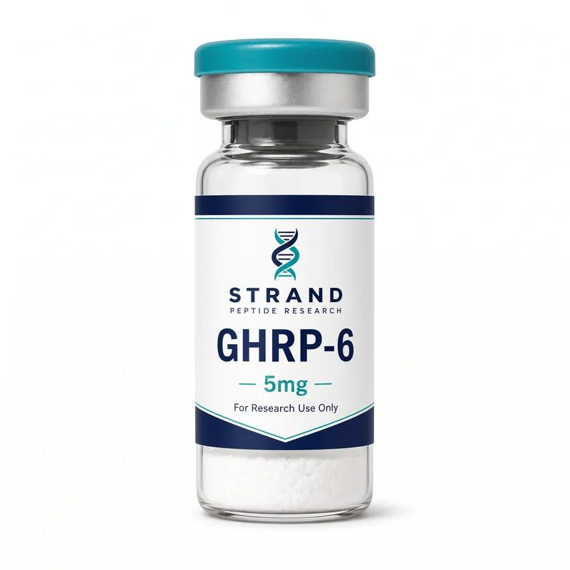 GHRP-6 research peptide vial from Strand Peptide Research Australia