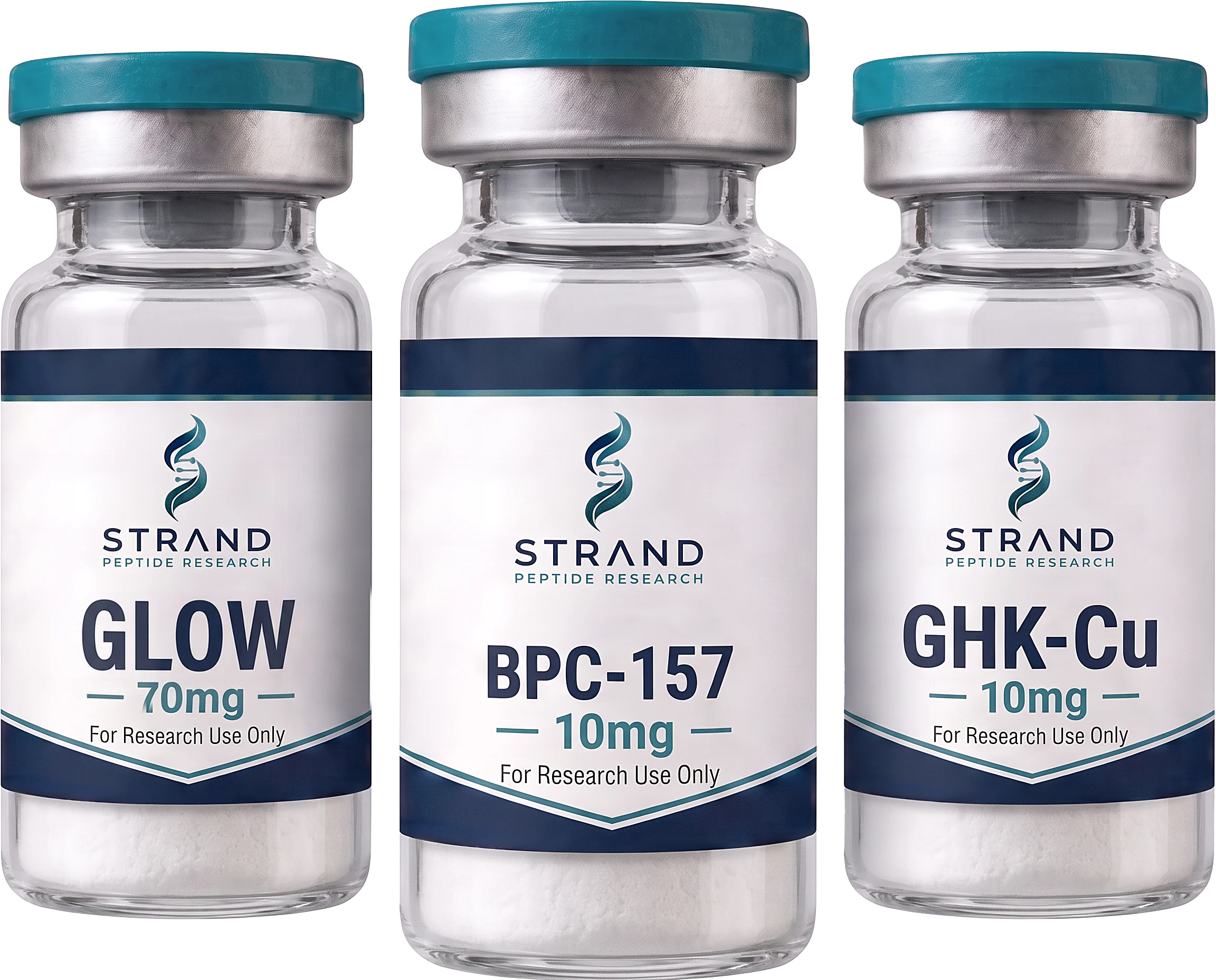 Strand Peptide Research vials — GLOW 70mg, BPC-157 10mg and GHK-Cu 10mg research peptides